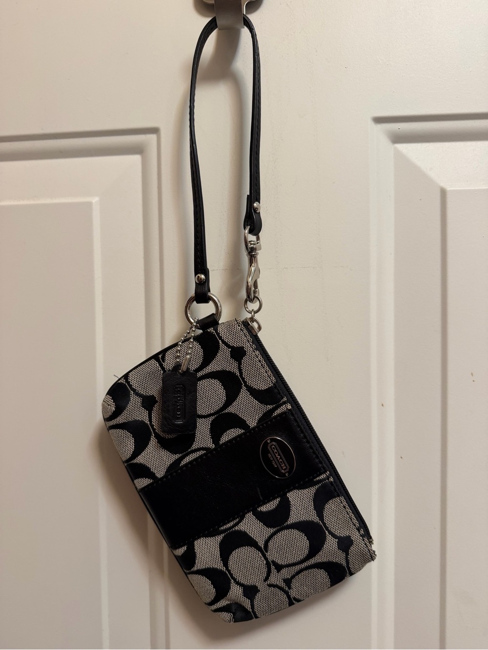 Coach Black and Gray Signature Wristlet with Leather Trim